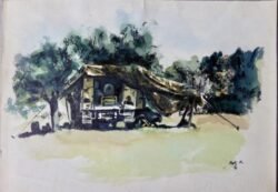 Military vehicle under camouflaged tarpaulin